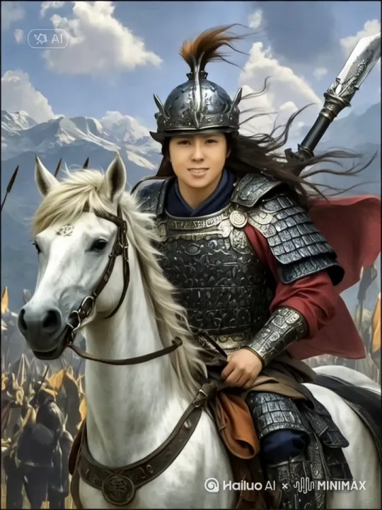 女女将军抖动缰绳，两腿用力，战马嘶鸣前腿高高跃起向前奔腾。女将军紧勒马缰手提长枪，眼神坚定。镜头由前置转为平拍 by Hailuo AI Video Generator