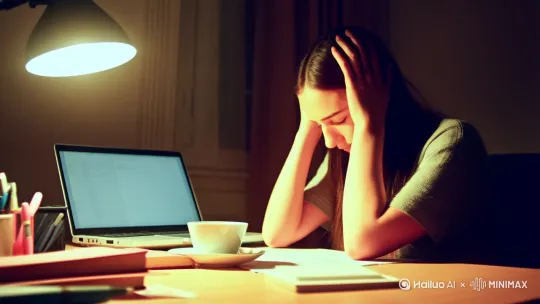 场景设置：

夜晚，温暖的灯光
书桌，台灯
女学生，疲惫状态
笔记本电脑，书籍，茶杯，文具

动作分解：

1.
放下双手：
女学生慢慢放下撑着头的手，手指轻轻划过头发，缓解疲劳。
2.
伸手拿茶杯：
她右手伸向桌上的白色陶瓷茶杯，手指轻轻握住杯柄。
茶杯内有热茶，微微冒着热气。
3.
喝茶：
她将茶杯缓缓举到嘴边，轻轻抿一口茶。
茶水温暖而清香，她微微闭上眼睛，享受这一刻的放松。
茶杯轻轻放下，发出轻微的碰撞声，茶杯底部与桌面接触的瞬间，茶水微微晃动。
4.
继续学习：
她放下茶杯，重新拿起笔，翻开笔记本，继续在纸上写题。
台灯的光线依然温暖，照在她的书本和笔记本上，整个场景显得宁静而专注。 by Hailuo AI Video Generator