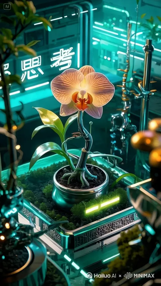 仪器上的二极管闪烁，文字变幻色彩，机械臂上的激光光束灯扫描兰花，[右移，左摇]。 by Hailuo AI Video Generator