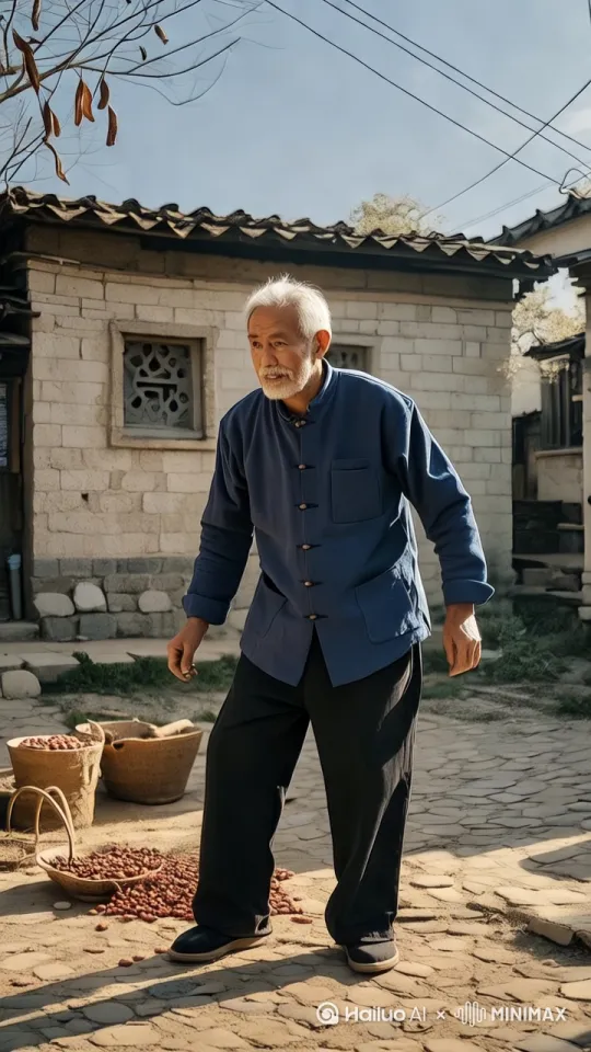 只见他深吸一口气，双足轻点地面，如鹞子翻身般轻盈跃起，在空中身姿舒展，急速旋转一周，恰似一片落叶随风舞动。眨眼间，老头稳稳落在房顶，瓦片几乎未发出声响。镜头从老头起跳瞬间开始，捕捉他在空中优美的姿态，到平稳落在房顶的全过程，以高清晰度和逼真质感，生动展现老头表演轻功的精彩瞬间，凸显传统轻功的飘逸与神秘。 by Hailuo AI Video Generator