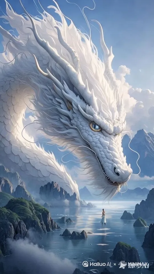 [推进,上升]巨巨龙对着人类讲话，巨大的身躯不停游动，在头上的毛发随风摆动，龙眼灵动，龙口张合似在讲话，龙面表情丰富、精彩[右移,左摇,跟随] by Hailuo AI Video Generator