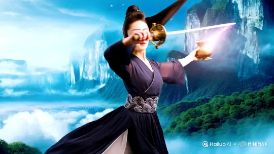 水墨风格汉服剑舞，玄色窄袖交领襦裙配银线云纹腰封，高马尾束白玉发冠。舞者于悬崖云海间腾空跃起，左手持青铜酒樽，右手执三尺青锋，剑尖挑起星河光带。背景融合《千里江山图》青绿山水与粒子光效，发丝与衣袂呈流体动力学效果，八分侧逆光营造神圣感，新国风插画质感 by Hailuo AI Video Generator