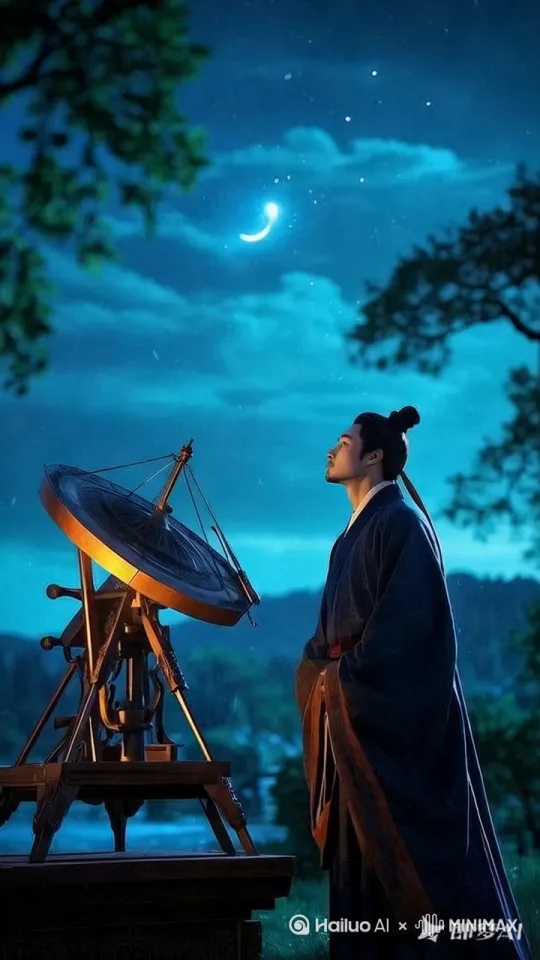 夜晚星河璀璨，微风袭来，枝叶随风摇曳，穿着宋代服饰的男子，抬头看向天空，摇镜头 by Hailuo AI Video Generator