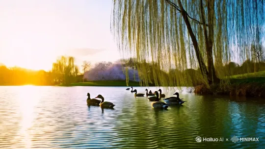 《春湖即景》
春风拂面桃花笑，鸭戏清波碎碧绡。
日暖云闲舟自远，倒影香浮醉画桥。帮我按照这首诗生成视频，鸭子在湖里游泳，湖边有柳树随风摇曳，桃花绽放，要求画面写实，8k极高细节，高品质 by Hailuo AI Video Generator