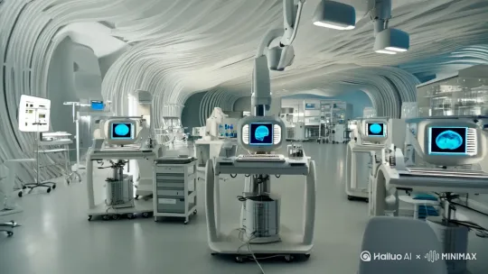 强科技感风格，未来特效效果，批量的现代的生物医学使用影像仪器，聚焦在一台仪器使用画面上，上面显示人的大脑ct影像。[推进] by Hailuo AI Video Generator