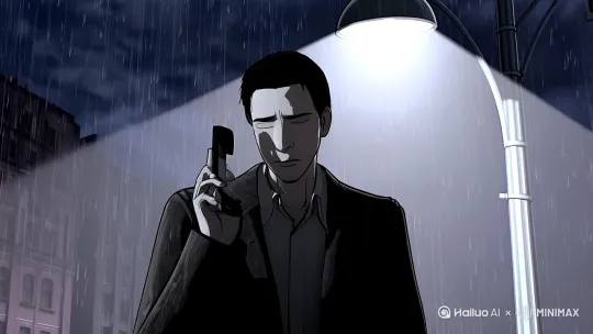 动漫二次元风格，公司倒闭的男人，在雨中接到银行的崔款电话， by Hailuo AI Video Generator