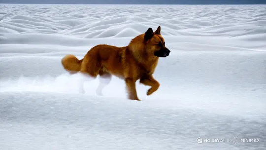 一只体格健壮，身材高大、毛发乌黑发亮的中华田田园犬，在雪地里奔跑，令人兴奋，充满冬季运动的场景。 by Hailuo AI Video Generator