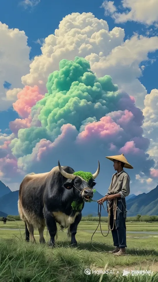 镜头移动，画面跟随，放牛人骑上牛牛一飞冲天，奔向彩色的云朵，后面又跟了很多牛 by Hailuo AI Video Generator