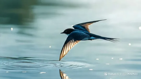 [右移,左摇,跟随]燕子低空飞过水面，姿态优美，水面波光琳琳 by Hailuo AI Video Generator