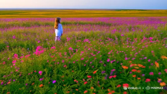 （推进 左移 上升 ）一位姑娘在长满鲜花的大草原 by Hailuo AI Video Generator