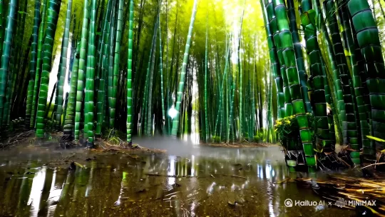 [暴雨初晴的竹林全景，湿润竹干泛着翡翠光泽，每片竹叶尖端持续滴落水珠在水洼形成同心圆涟漪，地面蒸腾的雾气中浮现若隐若现的太极光斑，背景音为竹笛空灵回声] by Hailuo AI Video Generator