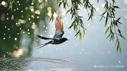 燕子低空飞[右移,跟随]过水面，姿态优美，镜头跟随燕子 ，湖面上波光粼粼 by Hailuo AI Video Generator