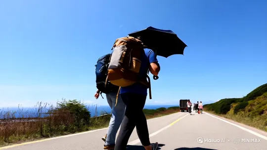 一个背包一把伞一双脚一个背包就是我的家[推出,上升,下摇]
一路上遇见谁和谁交谈就像风景各有各的斑斓[右移,跟随]
旅行的人脚步匆忙你不知道他去向何方[推进,上升]
远方的风徐徐吹来你不知道它来自海洋[右摇,变焦推进]
一颗心要飘向哪片天一段路能走多远多少风景看了又看多少故事忘了从前[左移,推进,右摇] by Hailuo AI Video Generator
