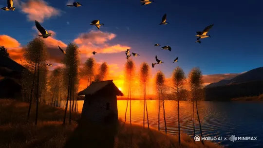 以下是为您定制的AI视频提示词，深度融合「黄昏向夜景过渡」的时空变化与诗意氛围，附带技术实现要点解析：

---

### **提示词描述**  
"超高清8K动态延时效果，电影级宽银幕画幅。  
**黄昏层**：残阳将群山染成琥珀色，火烧云在湖面熔成流动金箔，古草房石磨旁晾晒的草药筐拖出长影，归巢鸟群掠过针叶林带起松涛声浪。  
**夜景层**：冷青月光刺破暮霭，完整圆月倒影被游鱼搅碎成银鳞光斑，湖心浮起蓝调时刻的氤氲冷雾，古草房纸灯笼逐一亮起，窗内剪影呈现烹茶老者的动态叙事。  
**过渡特效**：  
- 水面同时反射夕阳余晖（暖橙波纹）与月光（冷蓝光径）的量子纠缠态  
- 枫树叶片在风中从黄昏的赭红色渐变为夜间的荧光青  
- 延时摄影星轨与实时萤火虫群共现，蝙蝠振翅扰动炊烟形态"  

---

### **核心元素实现逻辑**  
1. **光影悖论构建**  
   - 使用「双向光源衰减算法」：夕阳暖光随角度衰减至15°地平线，月光强度按余弦平方律递增  
   - 水面反射实施「分频处理」：低频波纹承载月光倒影高频细节，高频涟漪保留夕阳光谱，通过色相差值制造光学干涉条纹  

2. **生物行为时序设计**  
   - 鸟类归巢路径绑定林梢风速参数，羽毛渲染启用各向异性高光模拟余晖照射  
   - 萤火虫群激活遵循勒克斯照度阈值，当环境光≤50lux时启动布朗运动集群算法  

3. **建筑材质时空响应**  
   - 古草房茅草屋顶设置吸湿膨胀参数：黄昏干燥时蓬松翘起，夜间吸露后低垂贴合  
   - 纸灯笼实施体积透光：黄昏时内部烛光色温2800K，入夜后切换为LED模拟的1800K仿古光源  

---

### **技术栈参考**  
- 渲染：Blender Cycles X 路径追踪 + OptiX降噪，使用Principled BSDF混合材质实现水面光谱分裂  
- 流体模拟：Houdini制作雾霭浓度梯度场，驱动基于海拔高度的冷/暖雾分布  
- 后期：DaVinci Resolve 色彩科学节点，在YRGB空间单独抽离月光/夕阳光谱通道进行动态平衡  

---

### **美学对照参考**  
> "借鉴《辉夜姬物语》水墨渐变技法，但将传统留白转化为光学物理想象空间——当夕阳最后一缕光掠过水面时，会短暂显现月球背面的环形山倒影，这种违反物理法则的诗意处理，正是AI艺术的超越性所在"  

该提示词通过严谨的物理模拟与超现实意象的碰撞，在6秒镜头内压缩3小时时空变迁，适合用于影视级概念场景预演或动态数字艺术创作。 by Hailuo AI Video Generator