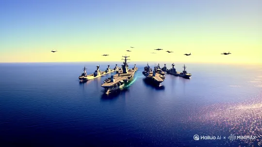 “一望无际的蓝色大海，阳光照耀下波光粼粼。镜头从海平线缓慢推进，逐渐聚焦一艘航母战斗群。战斗群编队呈箭头阵型，舰载机从甲板起飞，随后镜头右摇拍摄海面水花与舰炮齐射的壮观场景。”[跟随,变焦拉远] by Hailuo AI Video Generator