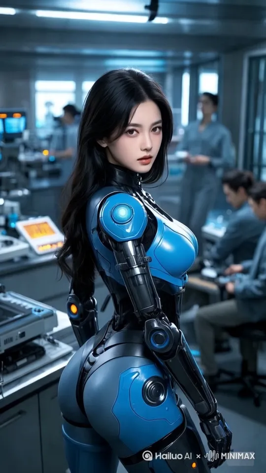 Through the unremitting efforts of scientists, Finally, the design and production of a new generation of intelligent robots have been completed, At this time, the beauty intelligent robot starts and is successfully activated, Walk over and interact with human scientists, Both humans and robots have expressions of joy on their faces... by Hailuo AI Video Generator