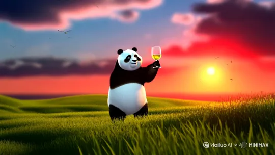 一只可爱的熊猫在黄昏草地上手持红酒杯面向夕阳直立行走，云彩飘动，小鸟飞过，电影级光影质感，4k超高清细节，柔和的背景虚化，暖色调夕阳染红天空，熊猫毛发超写实细节，红酒微微反光，浅景深突出主体动态，草叶随风轻微摆动，采用广角镜头营造史诗感画面 by Hailuo AI Video Generator