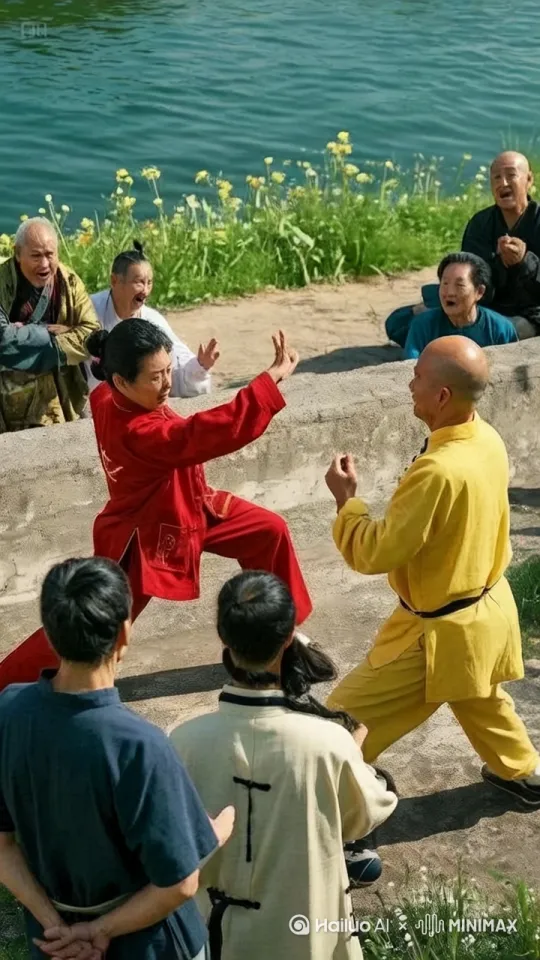 上踏空飞行，他们的招式刚柔并济，时而是刚猛的直拳，时而是柔美的转身回旋踢。身影交错之间，脚下的尘土飞溅而起，双腿在空中飞纵，往前疾奔，仿佛在空中踏出一条道路，镜头动态跟随，从不同角度展现他们激烈的交锋，周围的人拍手叫好。 by Hailuo AI Video Generator
