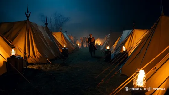 1.
开场：
画面：夜晚的军营，帐篷中点着灯火。
音效：轻微的风声和远处的号角声。
2.
挑灯看剑：
画面：将军在帐篷中挑亮油灯，仔细查看宝剑。
音效：油灯点燃的声音和轻微的呼吸声。
3.
梦回连营：
画面：将军在梦中回到军营，号角声此起彼伏。
音效：号角声和士兵的呼喊声。
4.
战斗场景：
画面：战马奔腾，弓箭离弦，士兵冲锋。
音效：战马奔腾声、弓箭离弦声和战斗的喊杀声。
5.
结尾：
画面：将军独自一人在帐篷中沉思，表现出壮志未酬的情感。
音效：轻微的风声和远处的号角声。 by Hailuo AI Video Generator