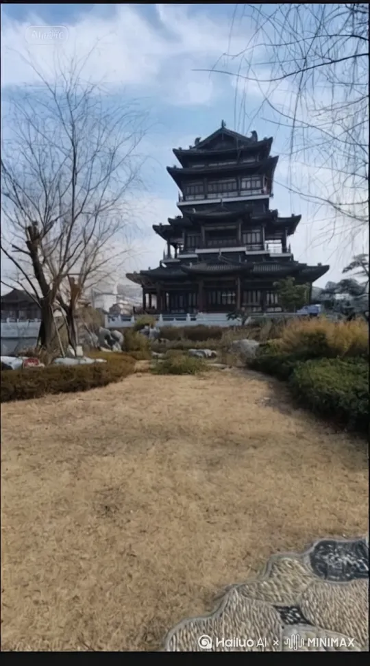 这个建筑原地不停的转，有风，有烟雾，固定镜头。 by Hailuo AI Video Generator