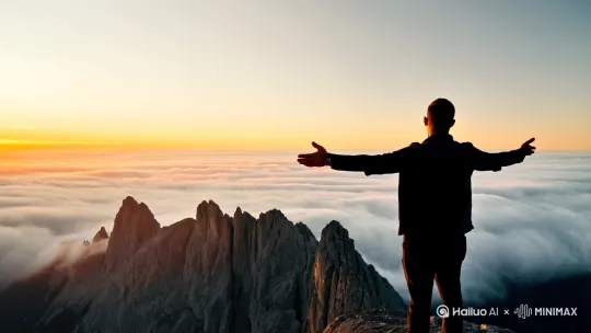 一个男人站在高山之巅张开双臂的背影，画面中众山在云雾之间，太阳从地平线升起，有一种波澜壮阔的感觉。[右移,左摇,跟随] by Hailuo AI Video Generator