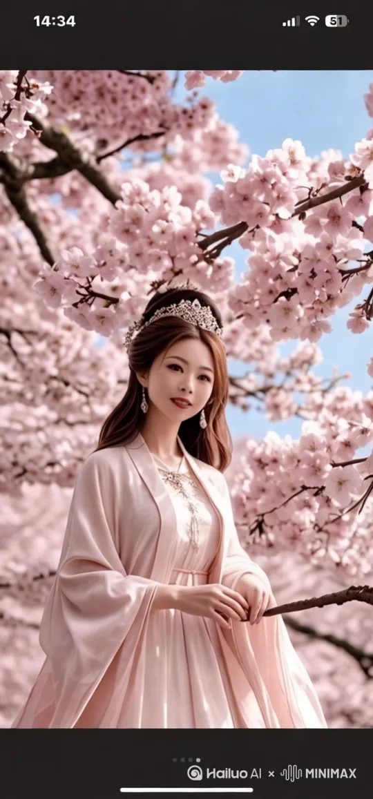 图中女士缓慢来到花树钱手扶树枝、微笑看向镜头。人物不变。 by Hailuo AI Video Generator