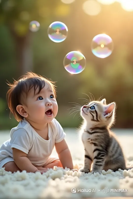 A cute Asian baby and a slightly larger kitten sit side by side on a soft, snow-white carpet, gradually tilting their heads upward as they follow the slow-floating transparent bubbles in the air. The baby’s bright eyes widen with wonder, mouth slightly open, revealing an expression of surprise. Their tiny hands twitch with excitement, eager to reach out and touch the bubbles. The kitten, with perked-up ears and a curious gaze, watches attentively, its tail gently swaying and body leaning slightly forward, as if preparing to pounce at the shimmering orbs. The bubbles glisten with rainbow-like hues under the warm sunlight, rising, bursting, or drifting away, creating a dreamy and innocent atmosphere. The background remains soft and natural, with warm lighting that enhances the cozy and heartwarming scene by Hailuo AI Video Generator