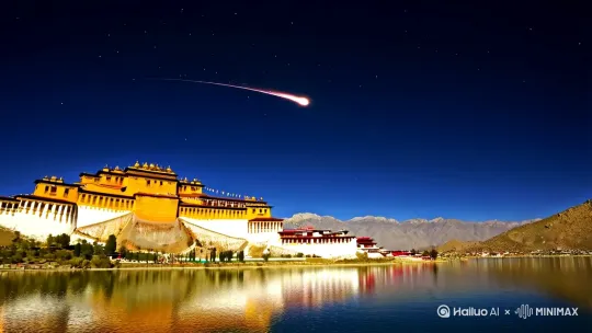 银河中心与布达拉宫金顶通过镜面湖水相连，流星划过时经幡群自动组成抖音点赞手势 by Hailuo AI Video Generator