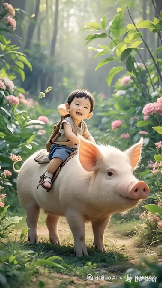 猪在小路上疯狂奔跑，上下跳跃，小孩紧紧的骑在猪身上。镜头跟随。 by Hailuo AI Video Generator