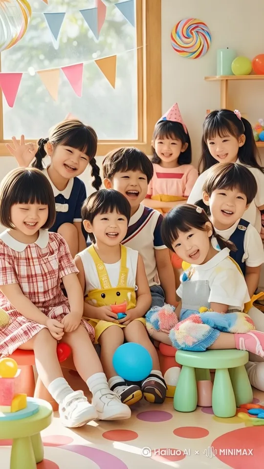 小孩子们欢声笑语，都在准备跳舞，嬉笑打闹，好不快活，左右移动，镜头拉远 by Hailuo AI Video Generator