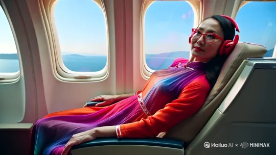 一个来自中国的美女坐在飞机的头等舱座位上，戴着红色的耳机和红色的眼镜，透过窗户望向大海。这个女人有光滑的皮肤和一件中式飘逸的长裙。她躺着，头靠在扶手上，凝视着外面。不应该有其他人在场，把注意力集中在女人身上。在背景中，透过窗户可以看到蓝天。使用自然光。获奖摄影佳作，极简主义，未来感，超现实，高级感，杰作 by Hailuo AI Video Generator