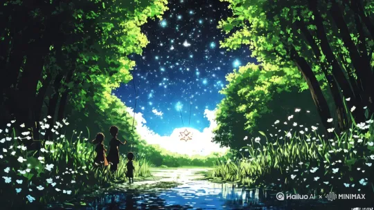 ◆ 基础设定：流动的银河由发光柳絮粒子组成，每秒12帧粒子运动，右向左持续横移  
◆ 核心动画：  
   - 0-2s：启动加速阶段，粒子流呈现正弦波形，密度梯度从右(80%)到左(20%)递减  
   - 2-4s：智能粒子聚合（风筝→秋千），保留30%离散粒子作为辉光背景  
   - 4-6s：添加物理引擎模拟，秋千摆动幅度与粒子流速正相关，每周期甩出200+光粒 by Hailuo AI Video Generator