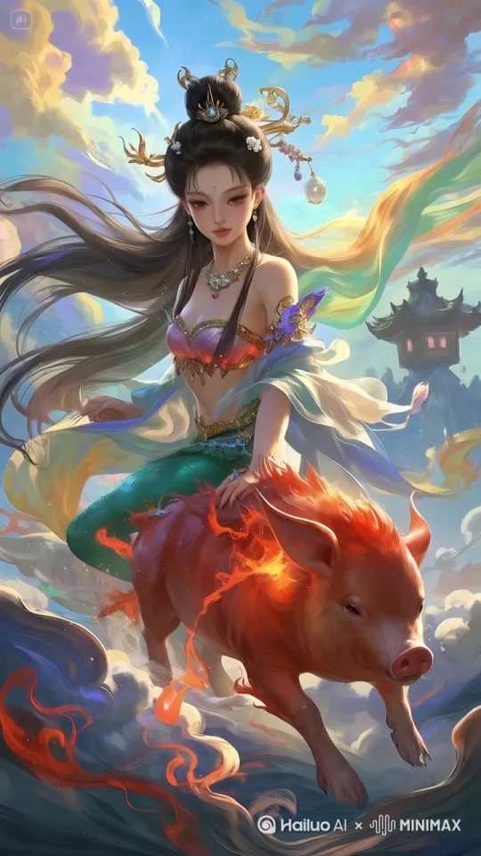 在五彩斑斓的云海之间，画面逐渐灵动起来。
 
那位有着美人鱼下半身的女子，缓缓转动她精致的脸庞，美目轻眨，眸光流转间带着神秘与优雅。她头上华丽的发饰微微晃动，金饰与珠翠相互碰撞，发出清脆悦耳的声响。长长的发丝随风肆意飞扬，仿若有生命般在空中舞动。
 
她身上的服饰细节也鲜活起来，轻薄的飘带如流水般飘动，在风中不断变换着形状，色彩明艳的衣衫随着她的动作轻轻起伏，仿佛在与风嬉戏。
 
她身下的火猪，身上的火焰“呼呼”地燃烧着，火苗不断跳跃、升腾，发出炽热的光芒。火猪的四蹄有力地交替抬起，仿佛在云海中奋力奔跑，每一次抬腿都带起一阵气流，让周围的云朵翻滚涌动。
 
背景中的亭台楼阁在云雾中若隐若现，云雾也在缓缓流动，时而聚拢，时而散开，仿佛是这片奇幻天地的呼吸。天空中，色彩绚丽的云彩也在不断变幻，如同被赋予了魔法，时而变成柔和的霞光，时而化作灵动的彩带，与下方的场景相互映衬，共同构成了一幅生机勃勃的奇幻画卷。[左移,上升] by Hailuo AI Video Generator