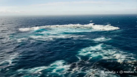 广袤海洋里[变焦推进]，画面中一只超级巨大的龙在海水里探出头[右移,左摇,跟随]。龙从海洋中跃出，冲天海水汹涌，龙张开满是牙齿的大口冲向镜头[推出,上升,下摇]。写实风格。超高清。 by Hailuo AI Video Generator