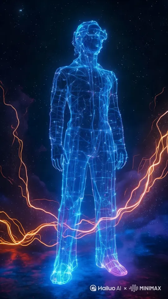 "人体辉光可视化，星空粒子沿任督二脉流动，银翼杀手2049霓虹美学，视差滚动背景"。第一视角穿越，视差滚动 by Hailuo AI Video Generator