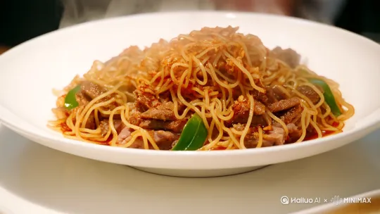 打工累成狗，今天吃顿‘蚂蚁上树’，不是真的让蚂蚁爬树，而是这道菜，一口下去，烦恼都被‘麻’走，‘辣’出快乐，赶紧点赞和我一起品尝吧！ by Hailuo AI Video Generator