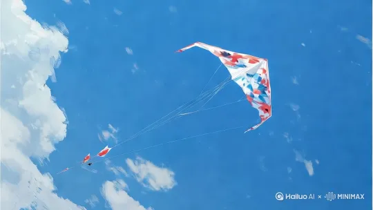 风筝[下降,上摇]在碧蓝的天空上飞翔着，地面上的人攥着长长的线 by Hailuo AI Video Generator