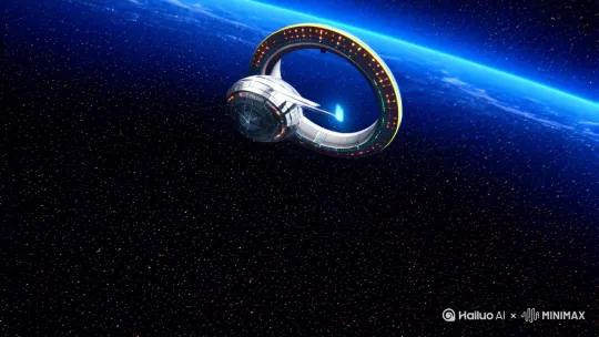 [下降,上摇]帧1：广袤无垠的宇宙中，一艘巨大的环形空间站悬浮着，周围繁星闪烁。
[右摇,变焦推进]帧2: 空间站表面，巨大的能量护盾闪烁着幽蓝的光芒。
[左摇,变焦推进]帧3：镜头切换到空间站内部，巨大的机械通道中，红色的警示灯光不断闪烁。
[左移,推进,右摇]帧4: 一群机械士兵整齐地列队前进，脚步声在通道中回荡。
[右移,左摇,跟随]帧5: 机械士兵到达一个巨大的控制台前，操作着复杂的仪器，画面充满科技感。
画面描述：超高清画质，色彩浓郁且对比强烈，空间感十足。 by Hailuo AI Video Generator