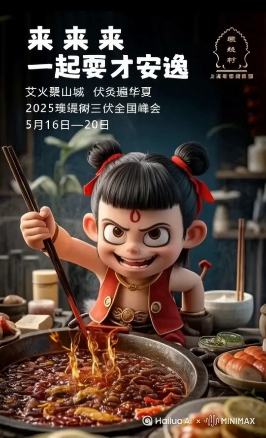 哪吒手舞足蹈，并哈哈大笑。上面字体不变。并说出2025年我们相聚在重庆 by Hailuo AI Video Generator