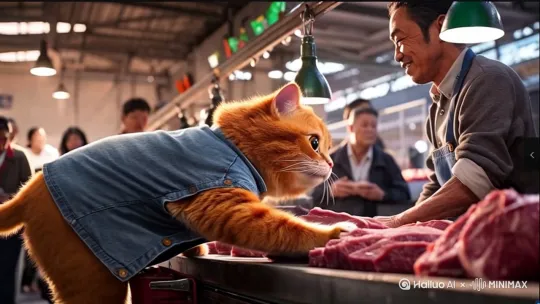 橘猫，拟人化形象，身着日常休闲装，电影质感写实风格，高级清晰画面，站在菜市场牛肉摊前挑选牛肉，摊主在一旁介绍，周围人来人往，橘猫选中一块牛肉，拿了起来，并抬头对着摊主说就这块了 by Hailuo AI Video Generator