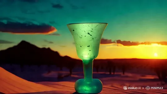 以夜光杯为轴心，围绕夜光杯缓缓转动，少许水滴，溅落。 by Hailuo AI Video Generator