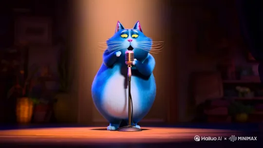 一只很胖的蓝猫用话筒唱歌，最后被科比拿过来自己唱。 by Hailuo AI Video Generator