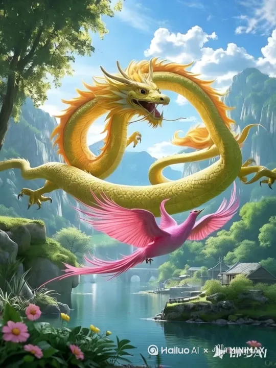 将图中龙和凤飞动起来，游龙戏凤的景象，不同镜头展示 by Hailuo AI Video Generator