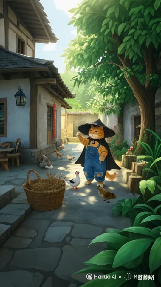 主题动态呈现，动作自然流畅，符合逻辑。橘猫弯腰抱起一只鸡子，然后一个鹞子翻身，翻到一房子一层的房檐上空，稳稳落到房檐瓦片上。8K高清，电影画质，3D立体。镜头随橘猫移动 by Hailuo AI Video Generator