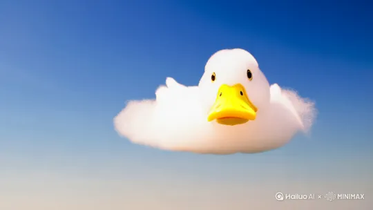 天空中漂浮着一朵形状酷似小鸭子的白云，仿佛这只小鸭子正在蓝天中悠闲地游动。白云的质感细腻柔软，仿佛触手可及，而黄色的鸭嘴则为这幅画增添了一抹亮丽的色彩。这样的画面让人联想到无忧无虑的童年时光，激发了人们对美好事物的向往和遐想。 by Hailuo AI Video Generator