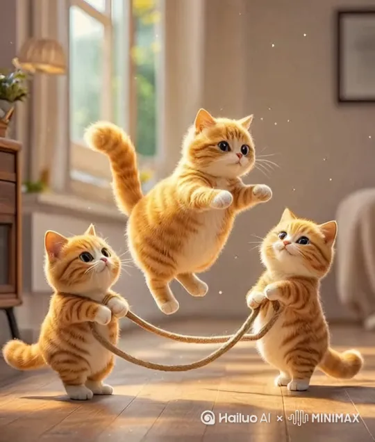 3只萌态可掬的橘色猫咪室内跳绳场景，两只猫咪站立抓握粗麻绳两端，中间猫咪腾空跃起完美跳越过绳子，阳光透过窗户洒在木地板上，细腻呈现猫咪蓬松毛发与动态肢体细节 by Hailuo AI Video Generator