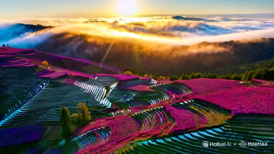 航拍视角下的云南山区，晨雾宛如轻纱，缭绕在错落有致的梯田间，将它们幻化为通往云端的七彩水晶阶梯。阳光巧妙穿透云层，洒下万道金光，丁达尔效应壮观绝伦。背景中，朦胧的森林与绚烂的杜鹃花海构成一幅梦幻画卷，而渐变的火烧云渲染天际，阳光与浓雾交织，展现大自然的鬼斧神工。运用超广角镜头，捕捉这幅壮丽全景，景深深邃，细节清晰，追求高清真实感，力求央视品质，最终呈现32K超清图片，让人仿佛亲临其境，沉浸在这片人间仙境。画面风格纪实，色彩饱满，光影层次丰富，每个角落都透露出大自然的原始魅力。 by Hailuo AI Video Generator