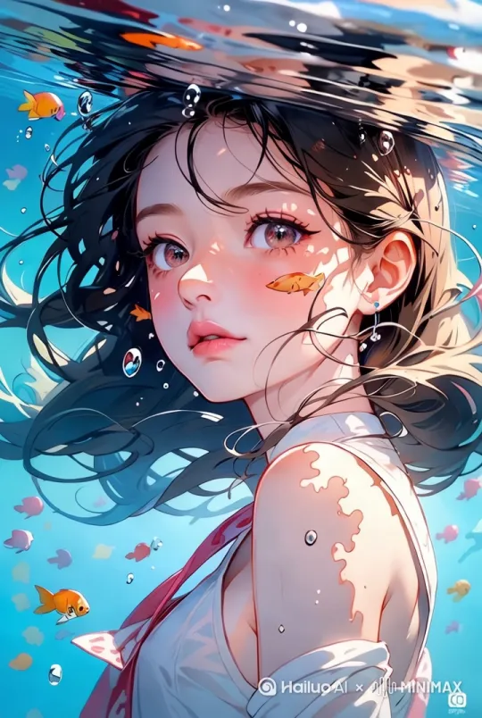 [推进,上升]【动漫风格，水下少女，黑色长发飘动，热带鱼群环绕，晶莹气泡上升，渐变蓝背景（#87CEEB→#00008B），丁达尔光线，发丝细节4K，动态水流轨迹，闭眼甜美微笑，珊瑚礁远景，海草摇曳，珍珠光晕，水波折射，绸缎质感校服，远近景层次，光影流动，6秒视频流畅动态--ar 9:16】 by Hailuo AI Video Generator