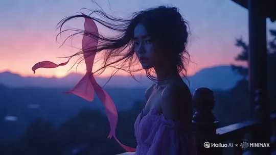 镜头主体：女性角色倚靠在亭子的栏杆上，长发随风飘扬
镜头背景：一座古典中式亭子，周围是远山的剪影
时间：黄昏
主体的细节：女性穿着淡紫色的长裙，脸部柔和，眼神深邃，光影在脸上形成明暗对比
特殊细节：风中的飘带在画面中飞舞，远山的剪影在背景中若隐若现
贯穿性符号应用：风中的飘带，远山的剪影
镜头类型和角度：中景，平视
视觉提示与效果：对角线构图，高对比度色彩，侧光明暗对比[推出,上升,下摇] by Hailuo AI Video Generator