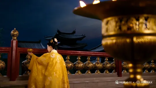 镜头从青铜烛台缓缓拉远，身着齐胸襦裙的盛唐仕女斜倚雕花阑干，金丝牡丹披帛垂落台阶。暖黄烛光在她眉间花钿流转，背景是暗夜中灯火通明的宫殿飞檐。忽然一阵夜风掠过，轻纱广袖翻飞间露出腕间金跳脱，远处传来若有若无的箜篌声，画面定格在她蓦然回首时唇畔的鎏金酒盏。 by Hailuo AI Video Generator